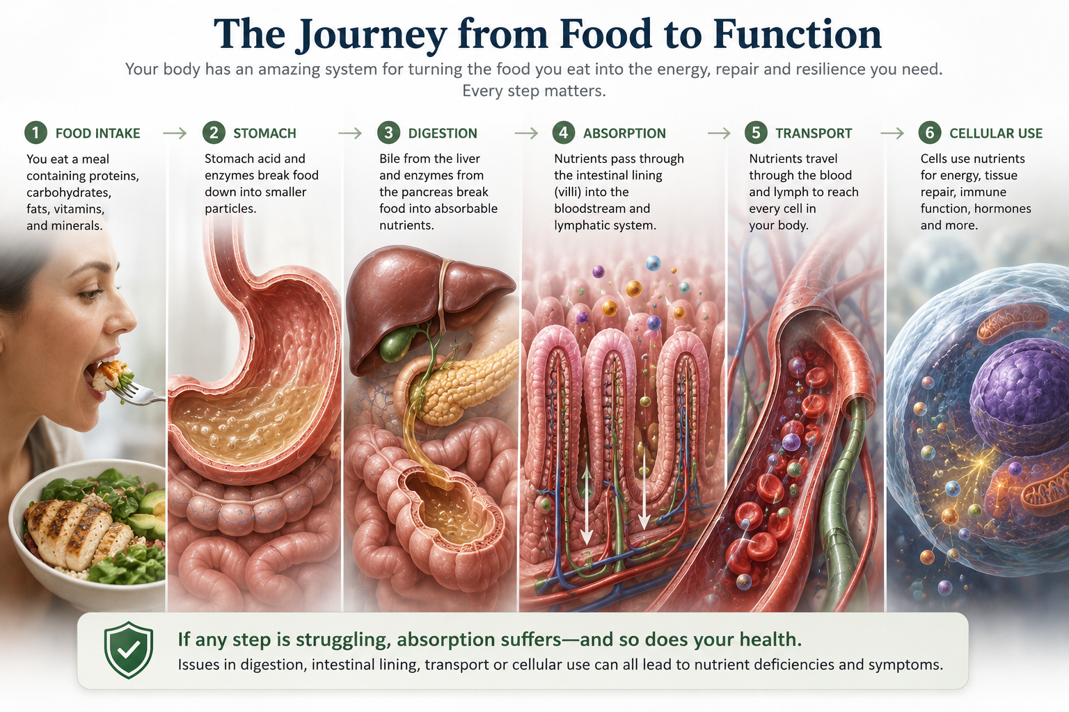 Infographic showing the nutrient absorption pathway from eating to digestion to absorption to transport to cellular use