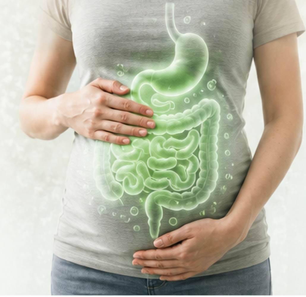 Digestive system illustration highlighting the stomach and intestines