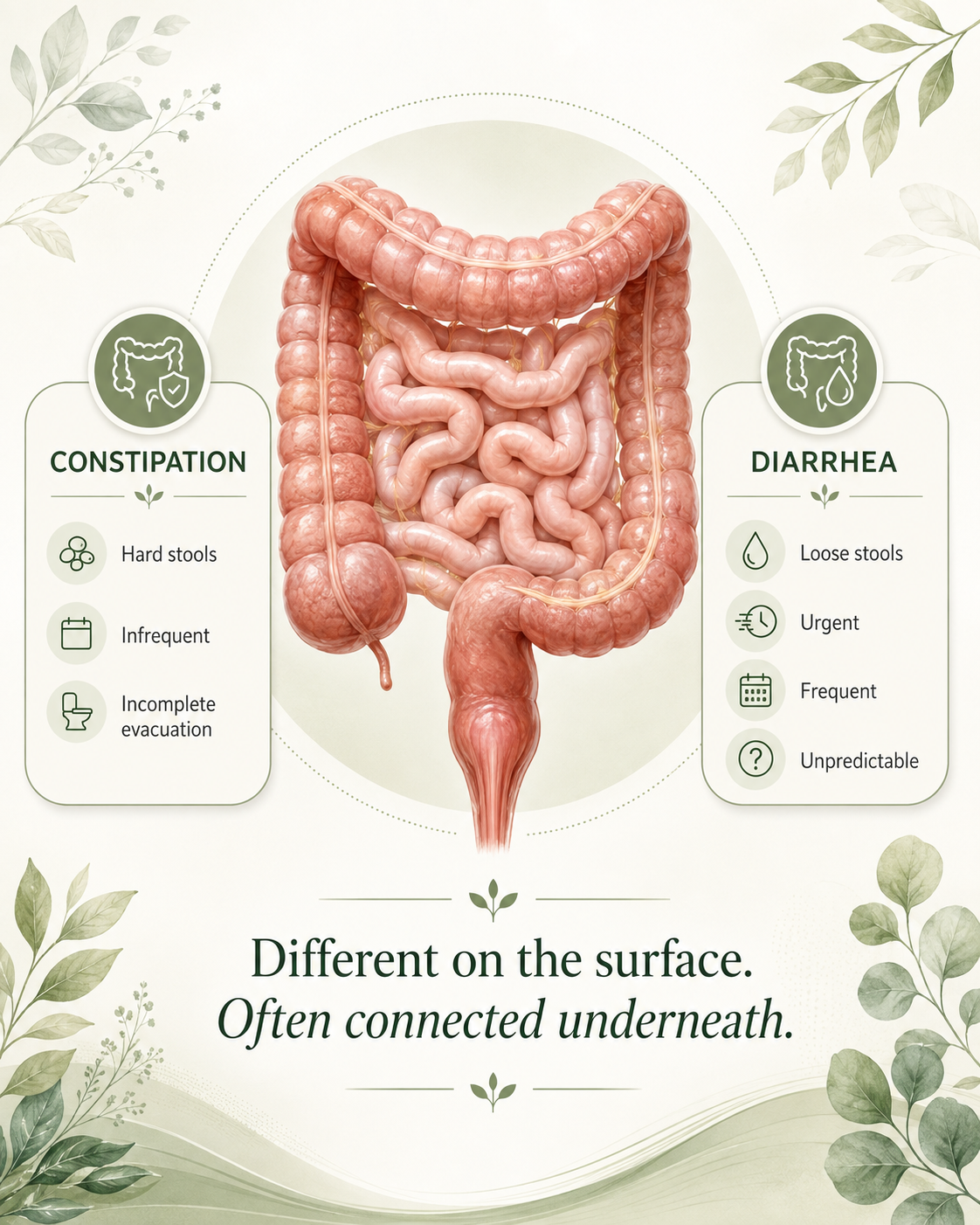 Digestive system illustration comparing constipation and diarrhea patterns