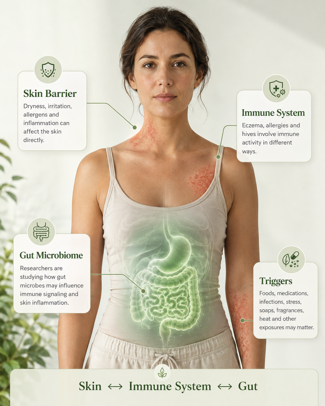 Illustration showing the connection between the gut, immune system and skin in eczema, rashes and hives