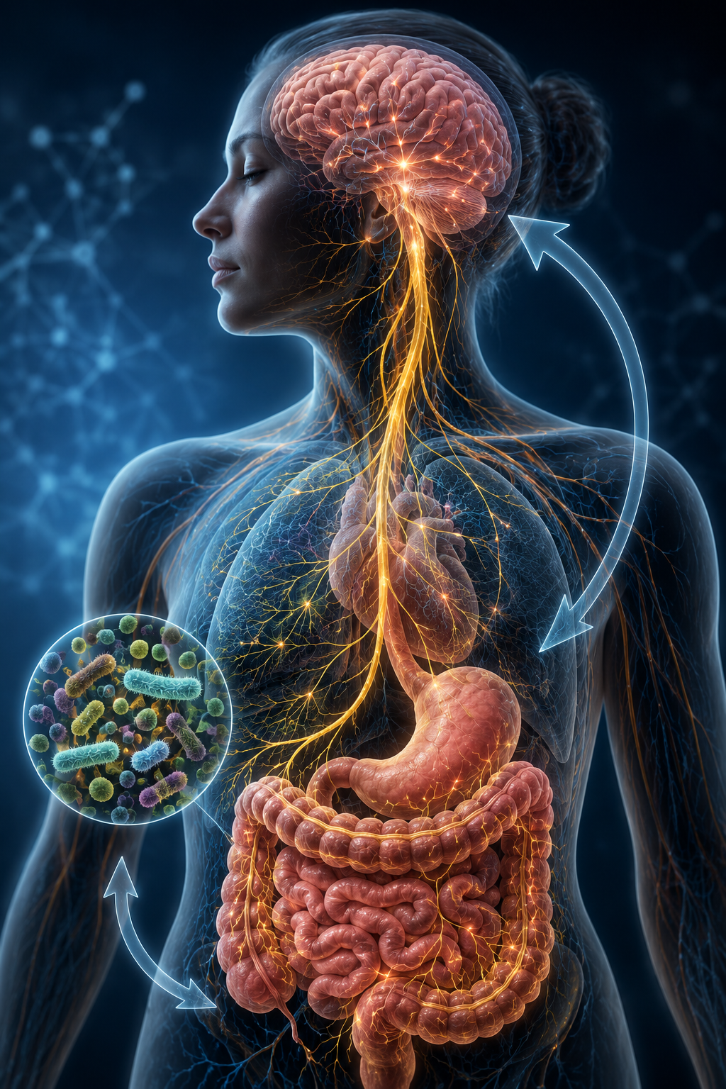 Medical-style image of the brain and digestive tract connected by neural signaling representing the gut-brain axis