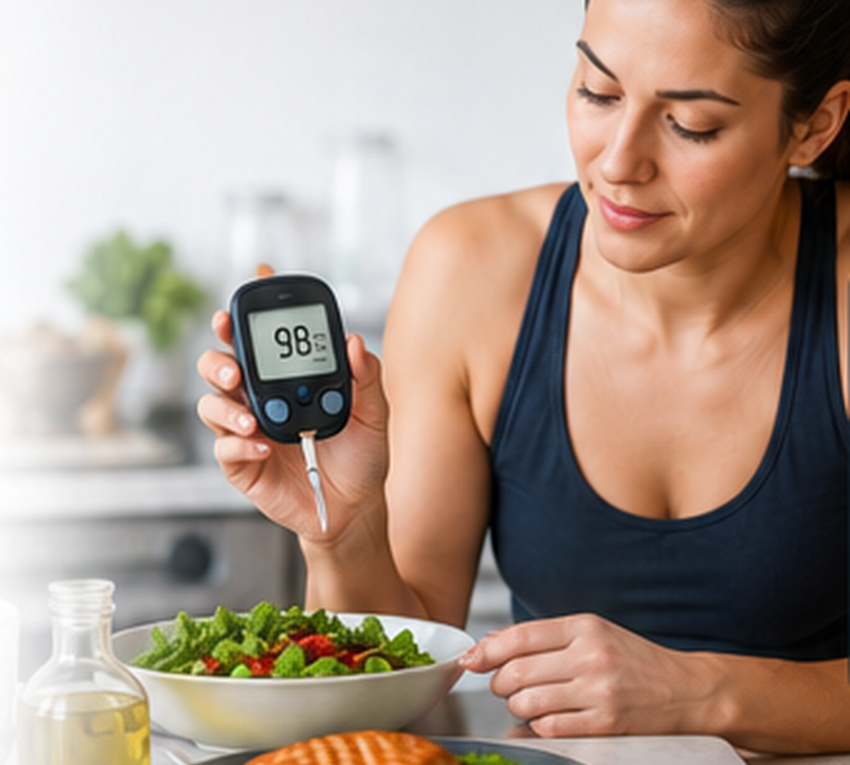 Active adult measuring waist progress in a bright home setting
