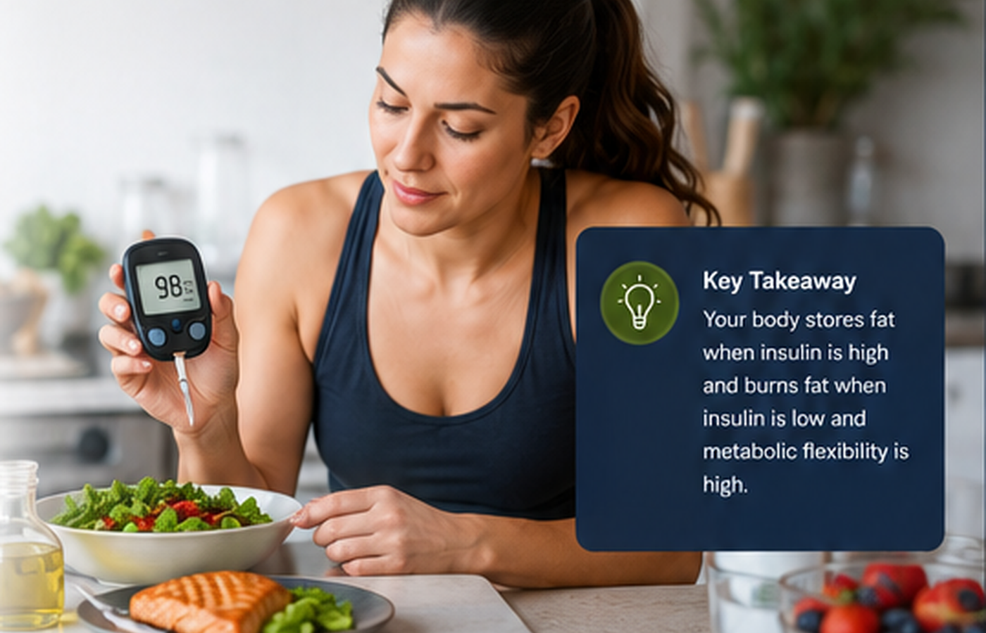 Adult checking blood glucose beside a balanced whole-food meal