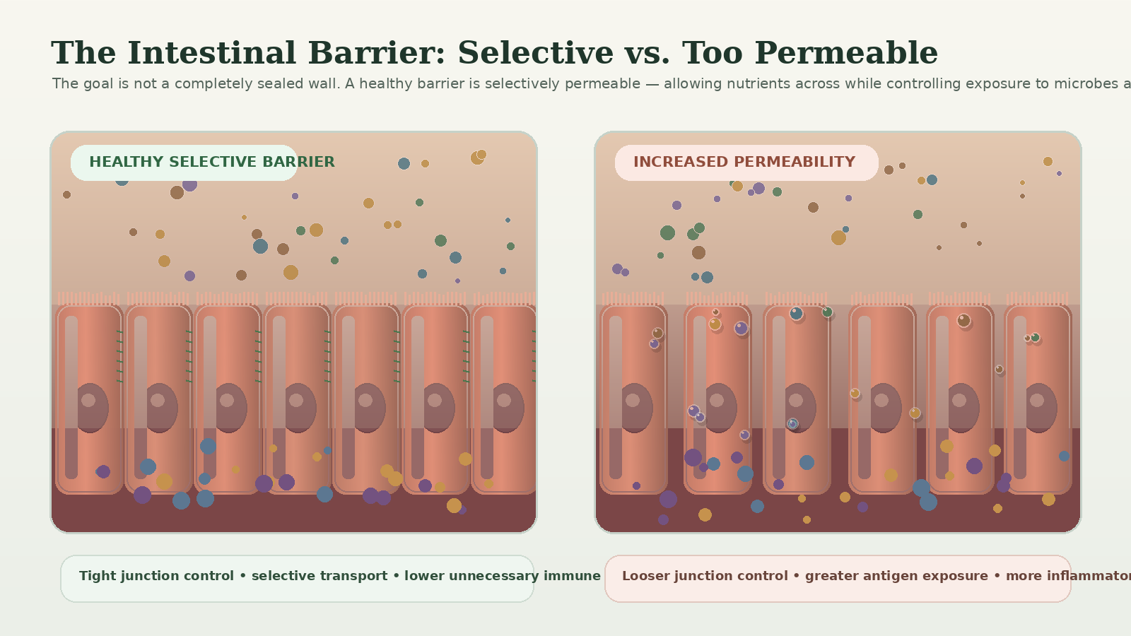 Medical infographic comparing a healthy selectively permeable intestinal barrier with increased intestinal permeability