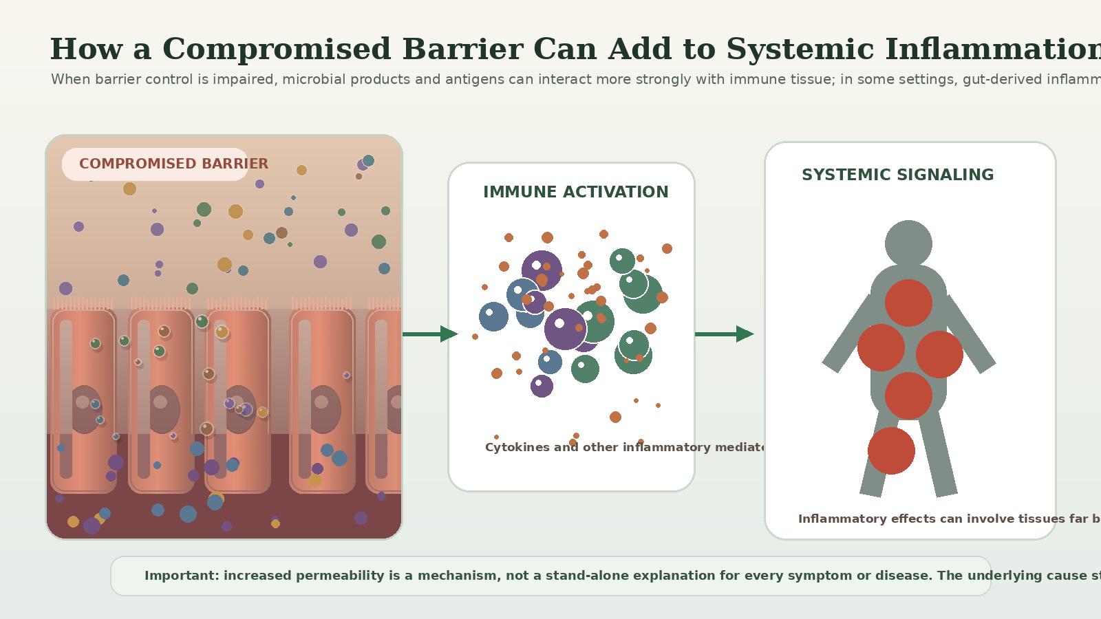 Medical infographic showing increased intestinal permeability leading to greater immune activation and systemic inflammatory signaling