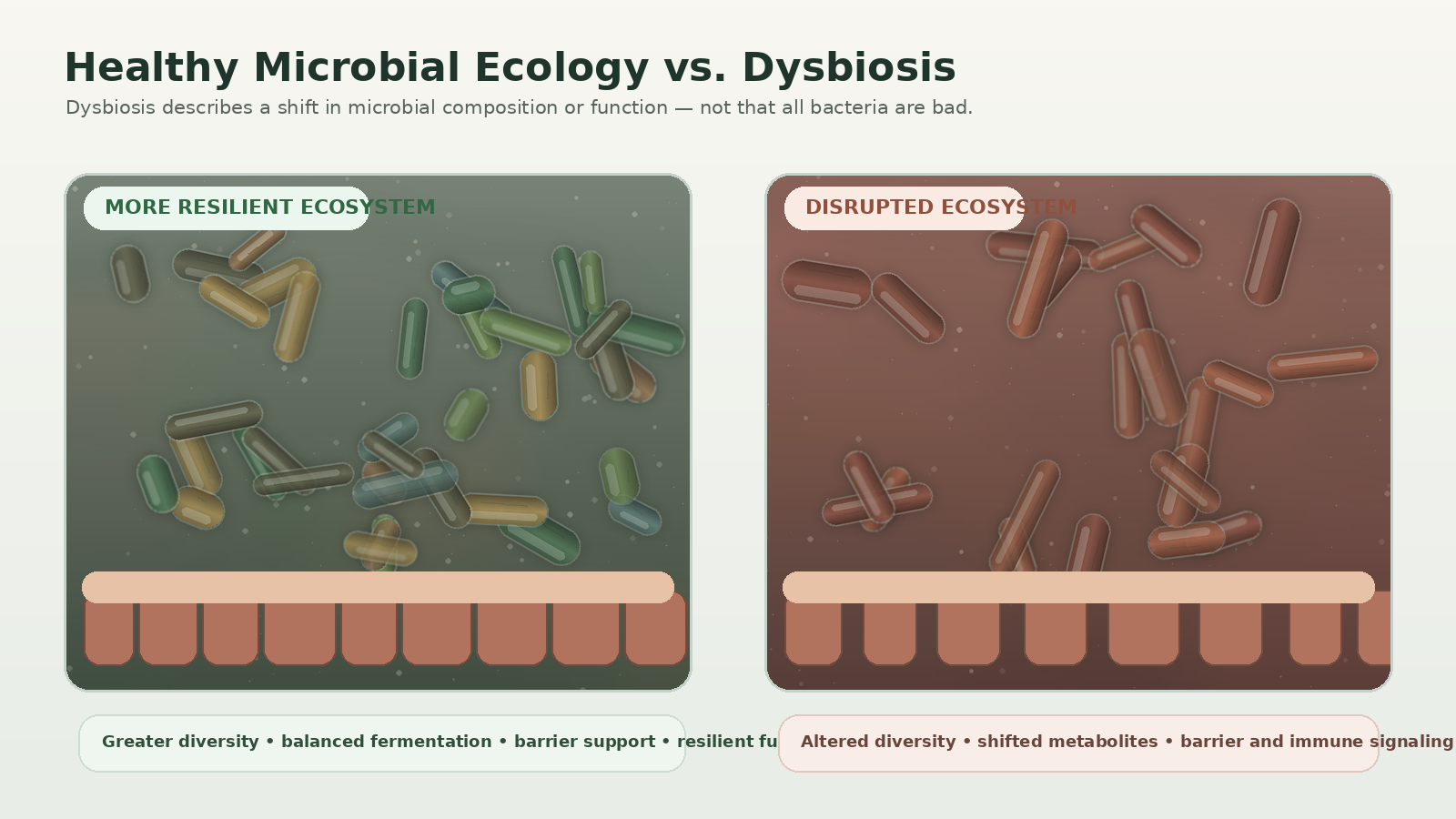 Comparison of a more resilient gut microbial ecosystem and dysbiosis with changes in diversity, metabolites and barrier signaling