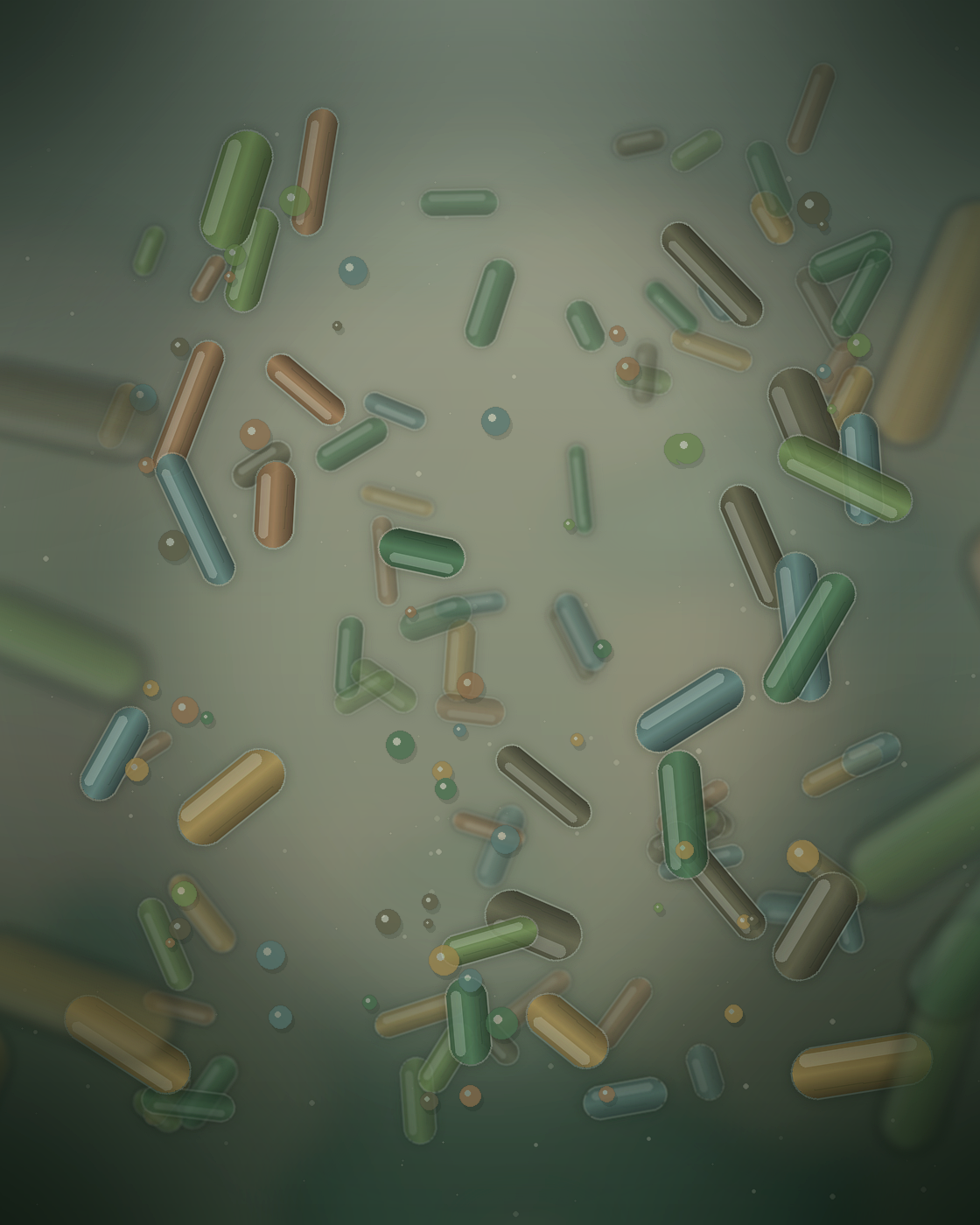 Microscopic-style rendering of diverse gut microorganisms representing the intestinal microbiome