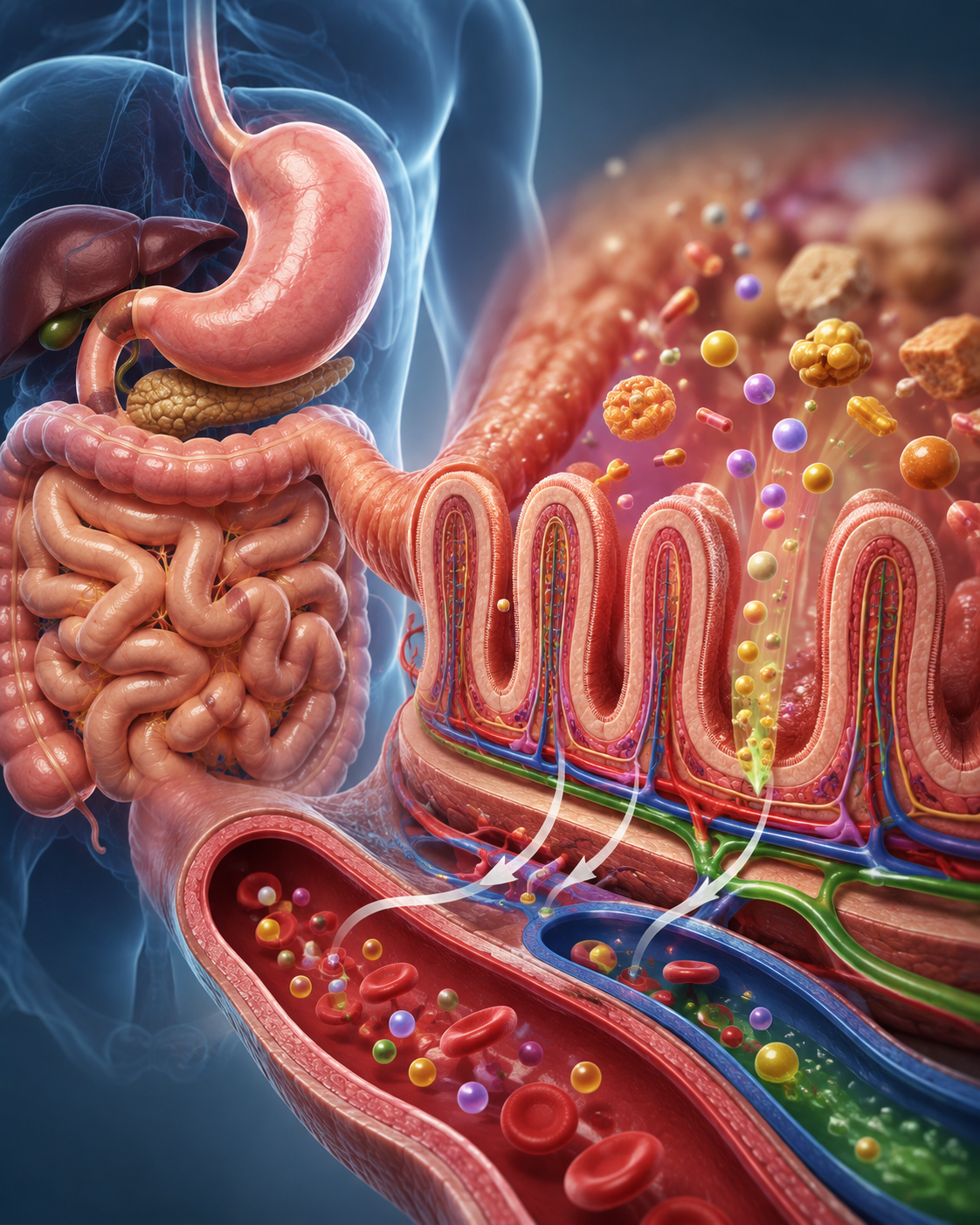 Nutrient absorption infographic showing digestion, transport and cellular use