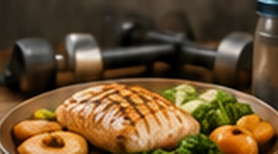 High-protein meal with dumbbells