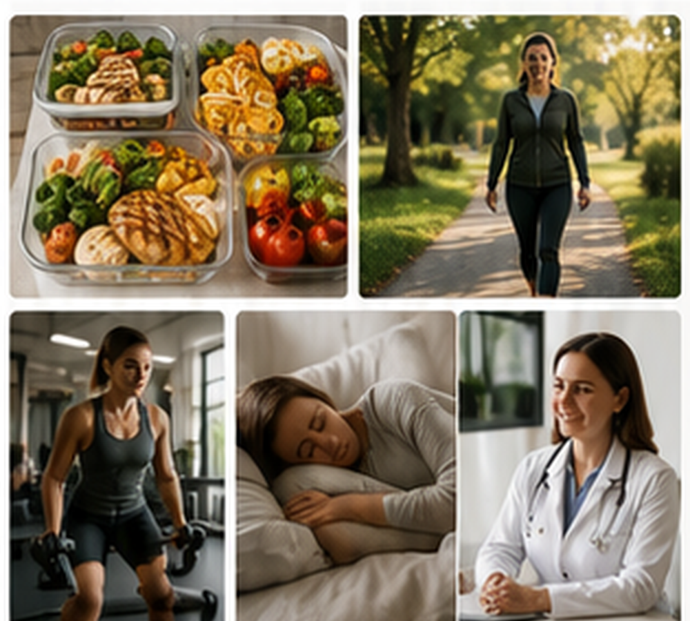 Healthy meal preparation, walking, strength training, sleep and professional guidance