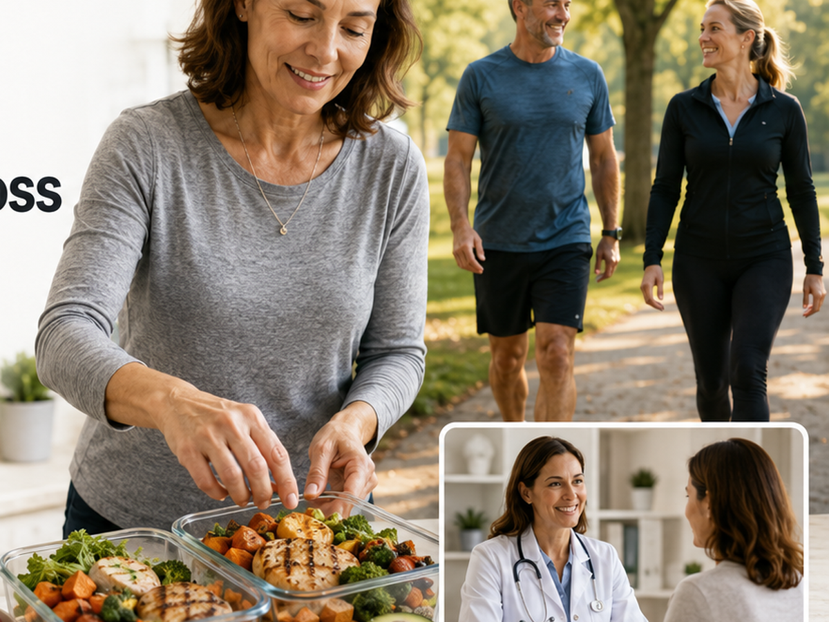 Middle-aged adult preparing a healthy meal with active adults walking outdoors