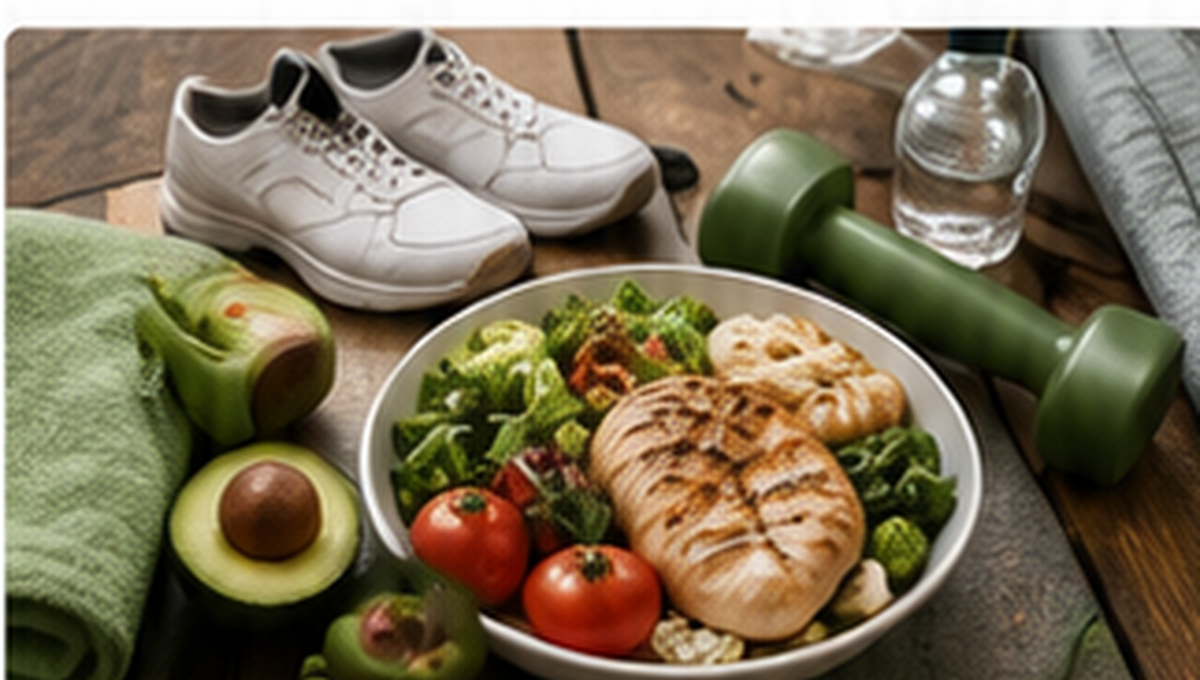 Healthy meal, athletic shoes, dumbbells, avocado and water