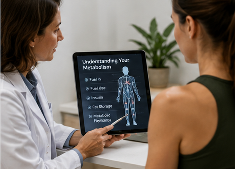 Health consultation reviewing metabolism and body fuel use