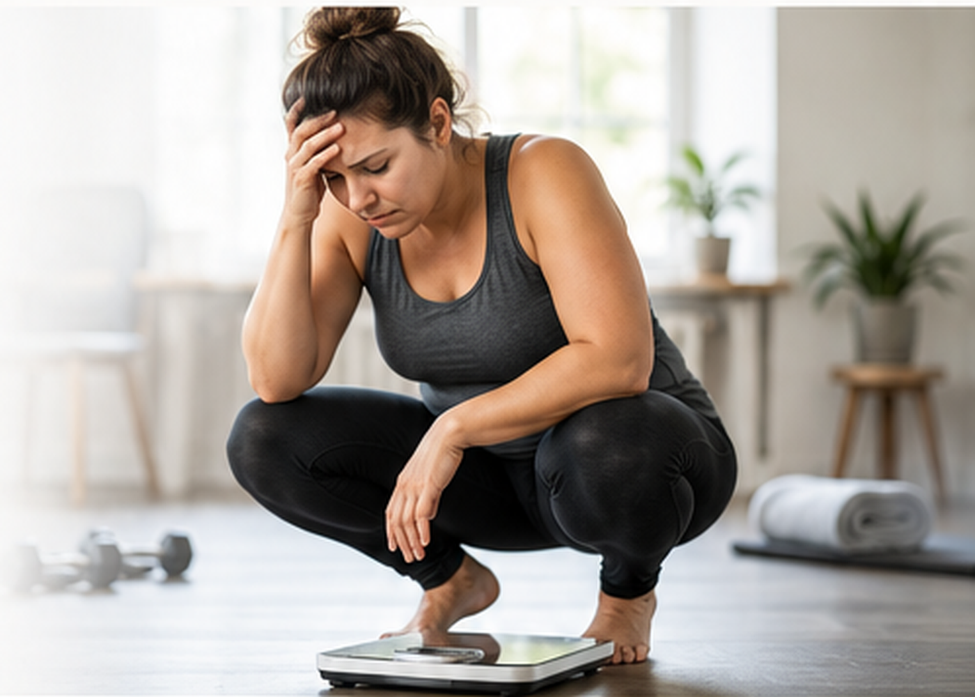 Adult frustrated by the scale after making an effort to lose weight