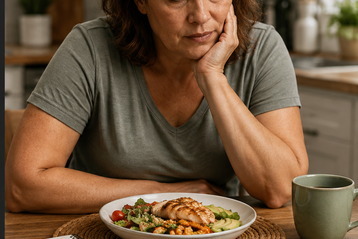 Frustrated adult beside a healthy meal, notebook and scale