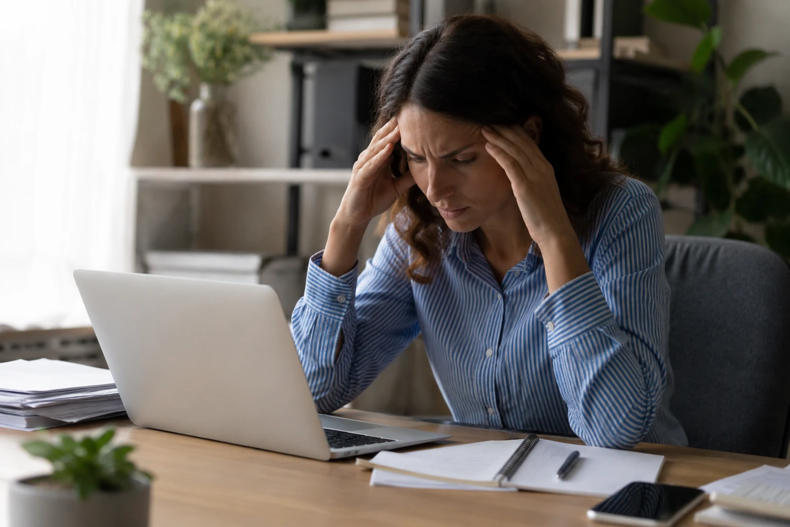 Adult woman feeling stressed at a desk with a laptop