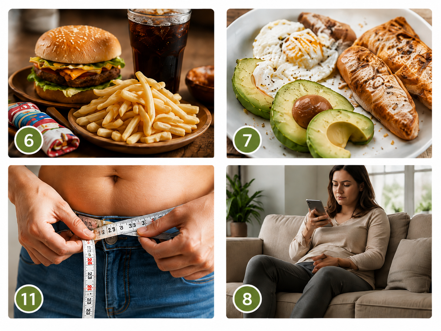 Realistic collage representing ultra-processed food, protein, repeated dieting, and daily movement