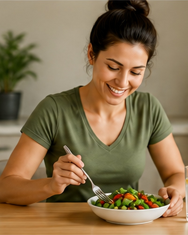 Adult eating a whole-food meal in a bright home kitchen