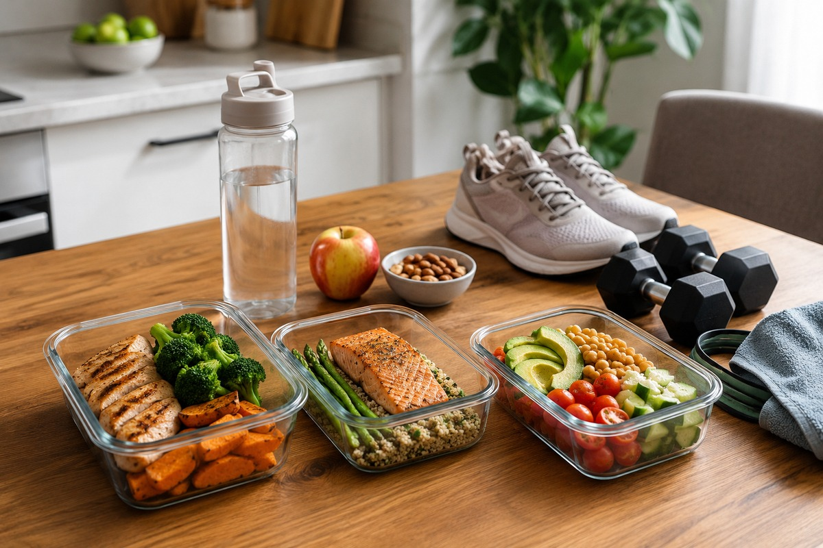 Healthy meal preparation, walking shoes and dumbbells