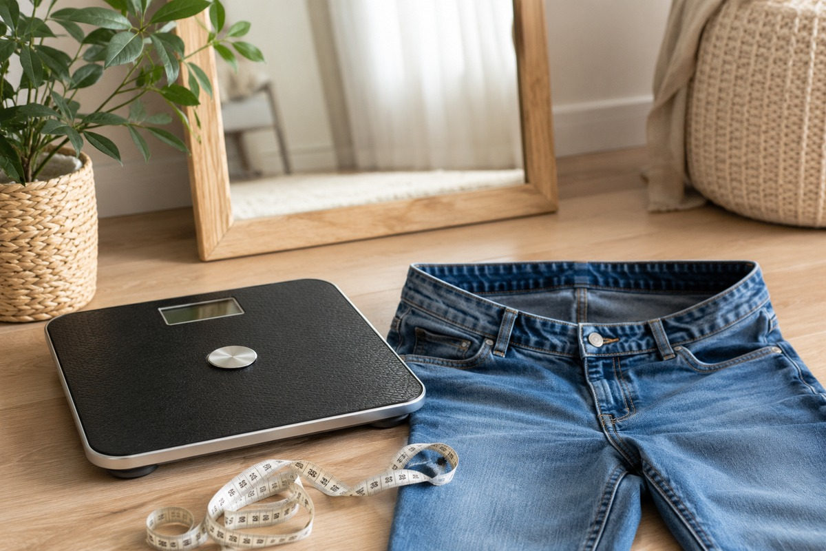 Bathroom scale, measuring tape and looser jeans showing progress