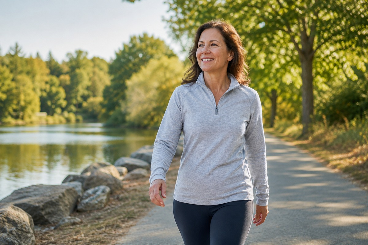 Adult taking a calm outdoor walk by a lake