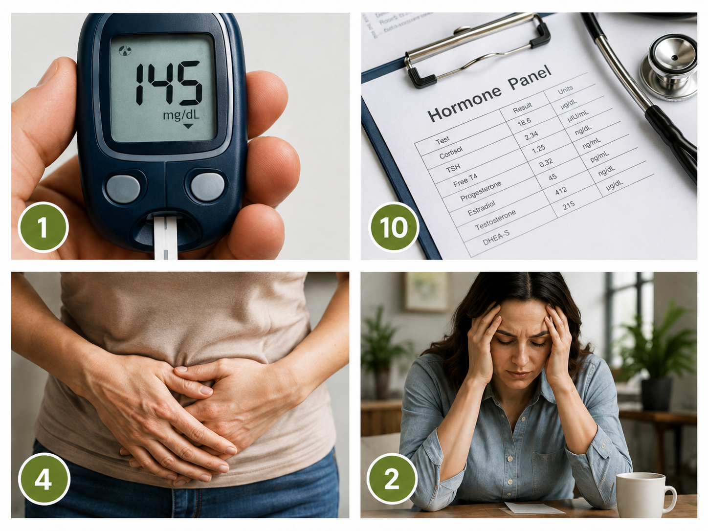 Realistic collage representing insulin resistance, hormones, gut health, and chronic stress