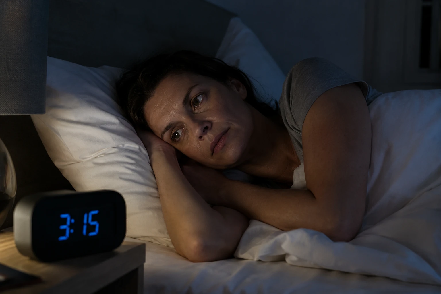 Woman awake in bed looking at a 3:15 a.m. clock