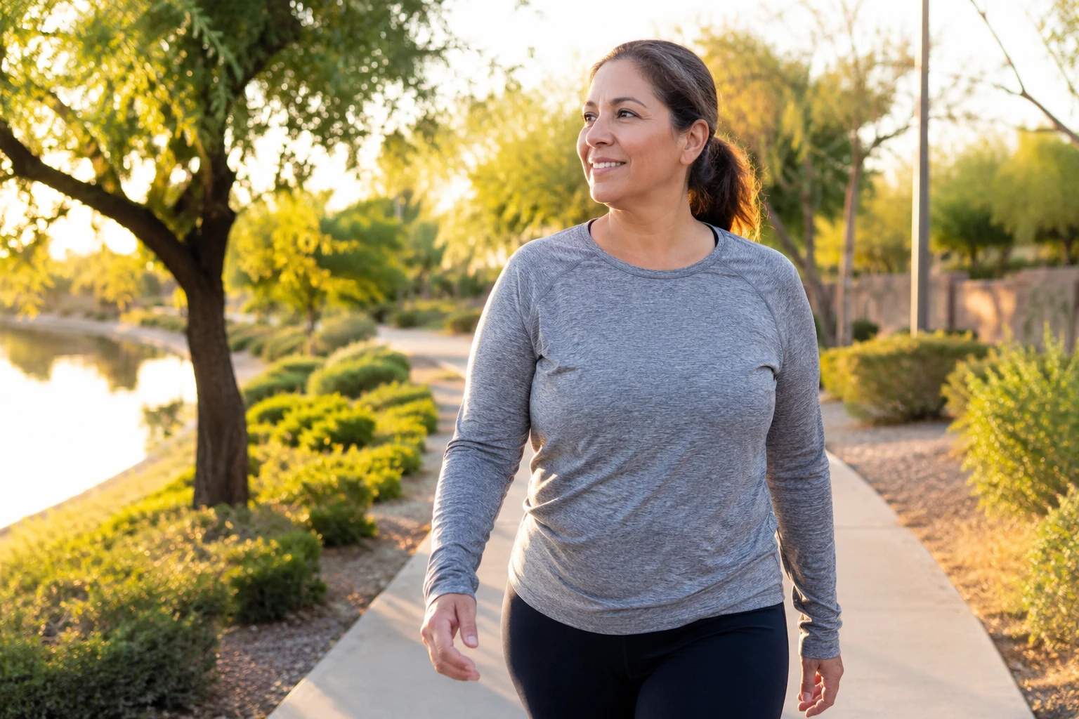 Woman taking a calm outdoor walk by the water in warm sunlight