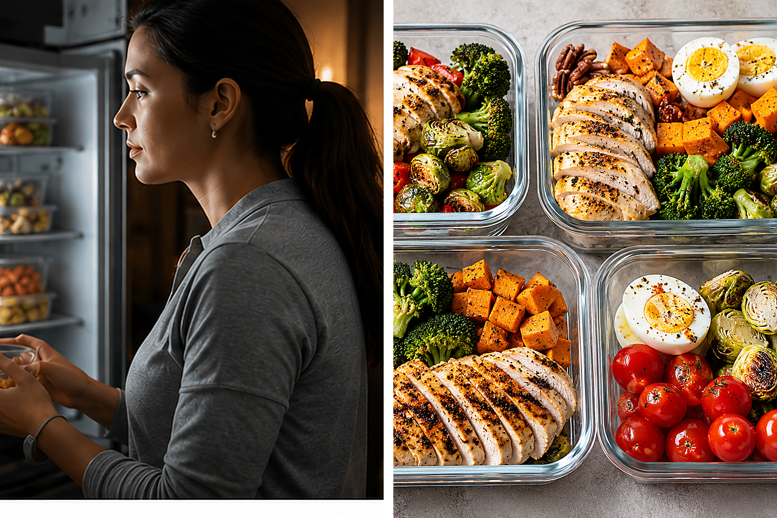 Planning food choices at home beside prepared balanced meals