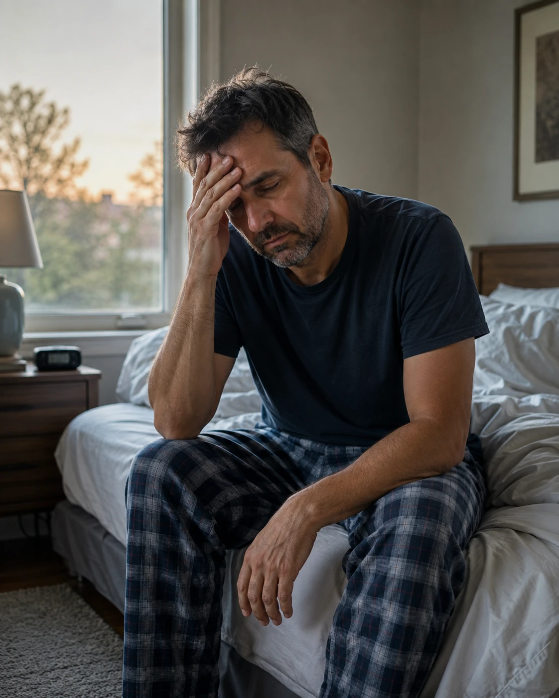 Tired middle-aged man sitting on the edge of a bed in the morning