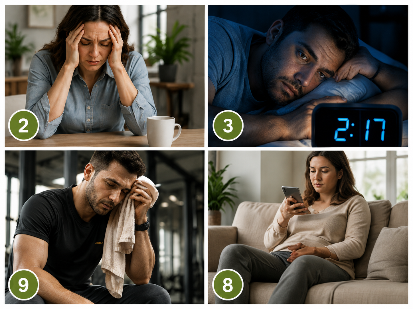 Realistic collage representing chronic stress, poor sleep, exercise recovery, and daily movement