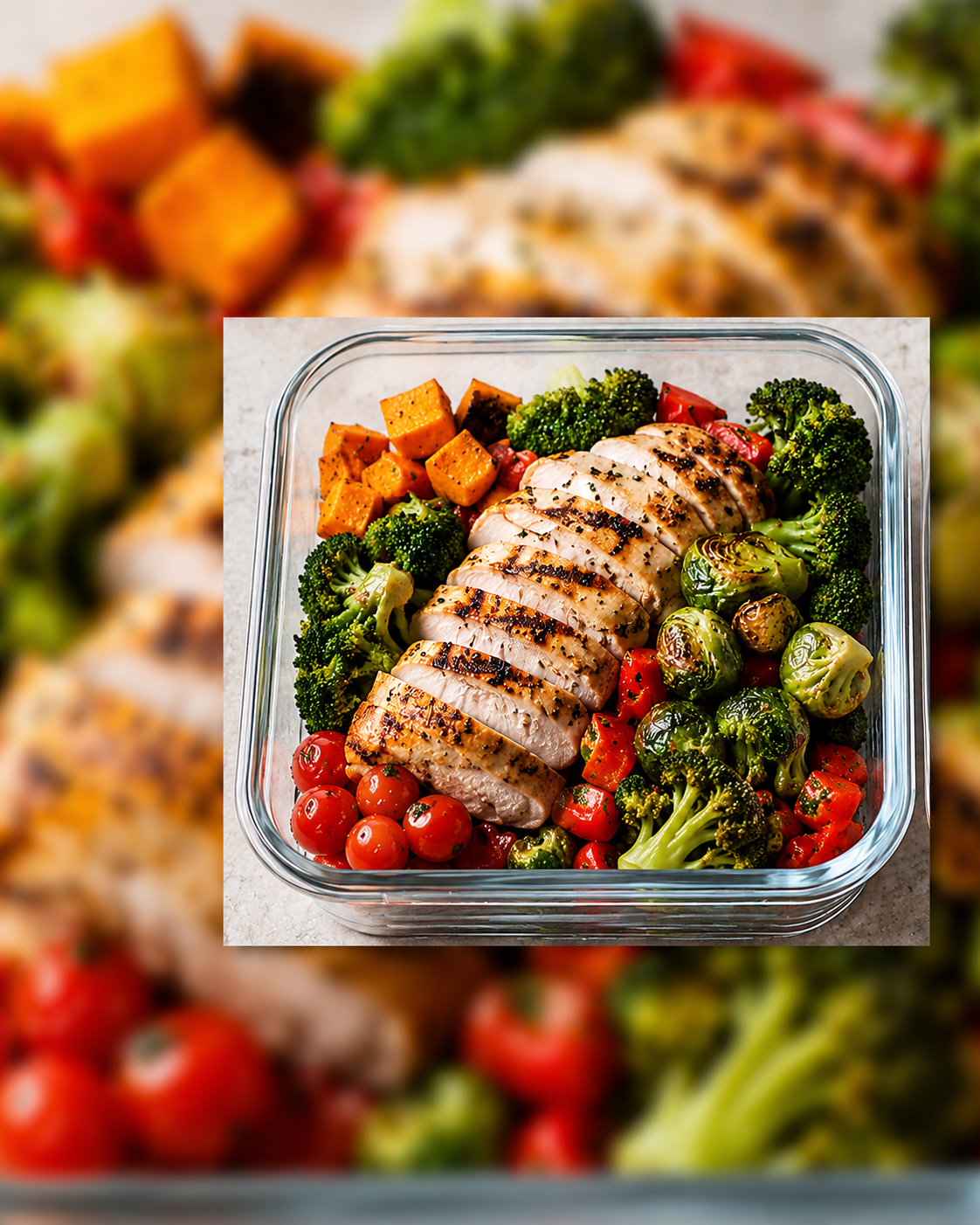 Balanced whole-food meal with grilled protein and colorful vegetables